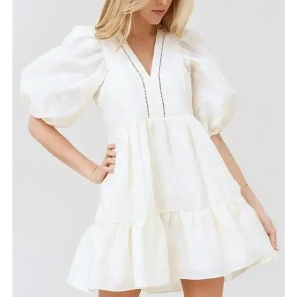 HUNTER BELL Sz L Large Gaille Cream Short Puff Sleeve Jacquard Dress - Picture 11 of 12